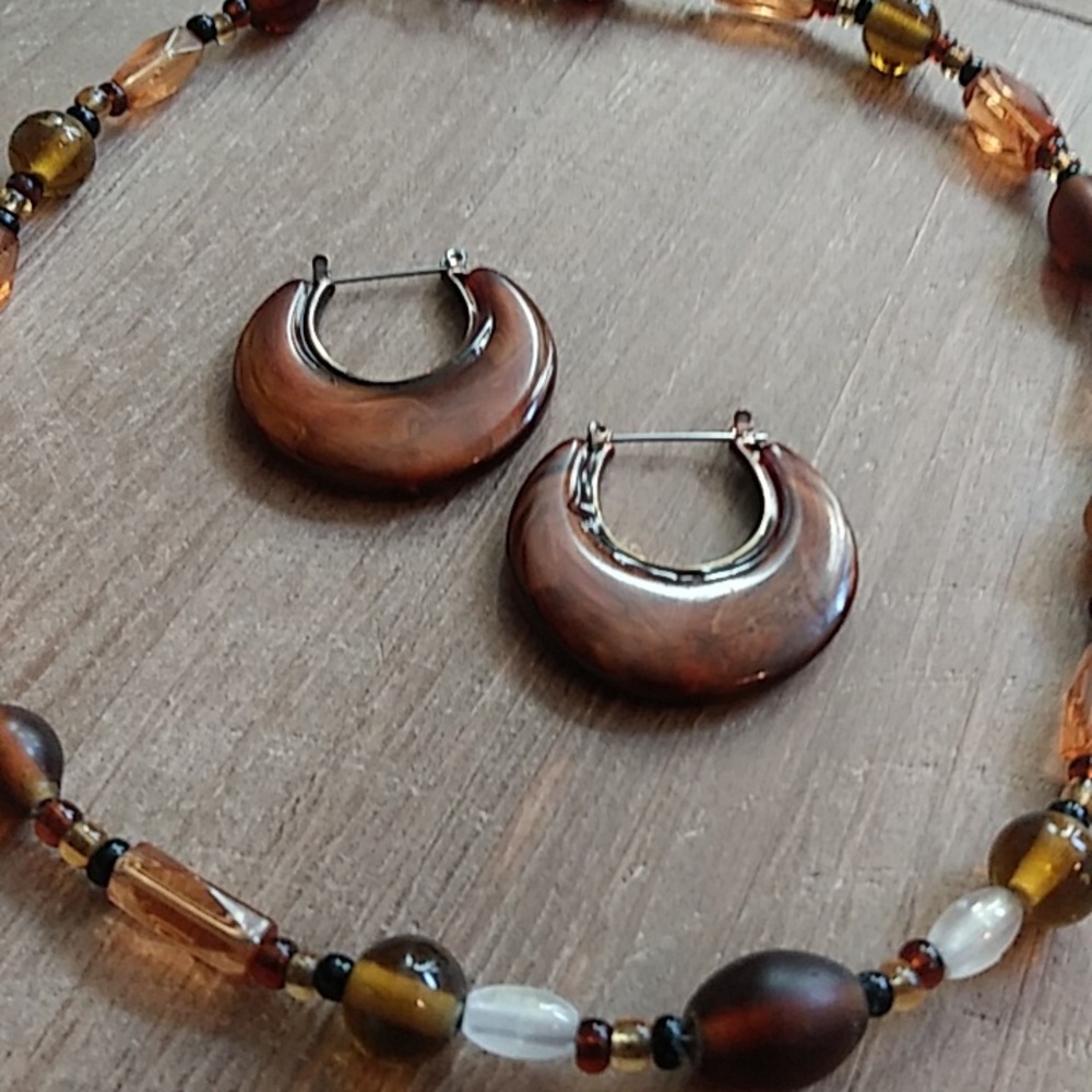 Brown Boho Stament Earrings Hoops & Brown  Beaded Necklace - Picture 9 of 17